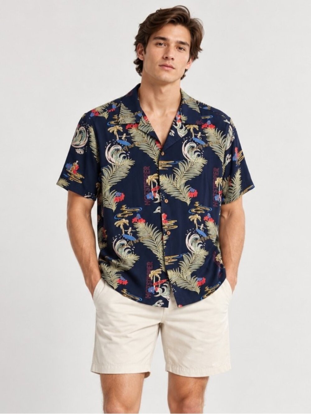Only & Sons Large Tropical Hawaiian Button Down Shirt Navy Short Sleeve Resort